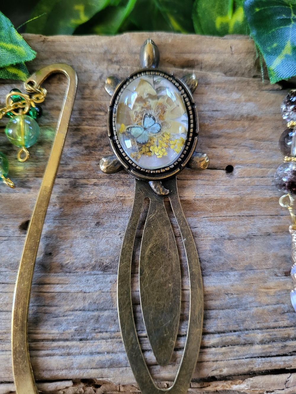 Antique Brass Turtle Bookmark with Yellow Floral Butterfly Under Glass Cabochon